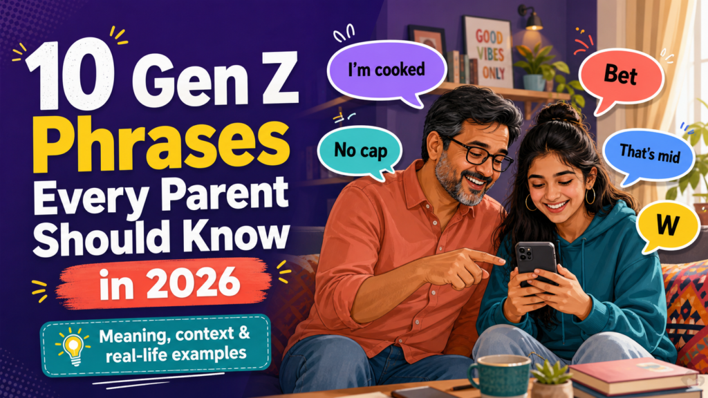 Indian parent and Gen Z teenager discussing Gen Z phrases parents should know and online communication at home
